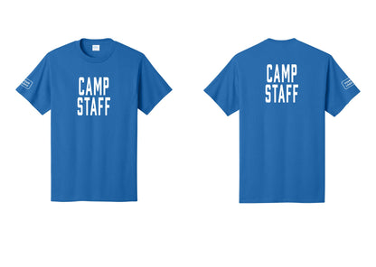 NYC Factory Custom Logo Camp Staff T-Shirt, Condensed Lettering - Front + Back + Your Logo Sleeve - Royal