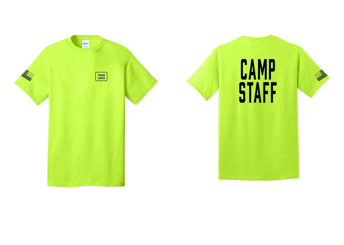 NYC Factory Unisex Custom Logo Camp Staff T-Shirt - Your Logo + Back + US Flag Sleeve - Safety Green