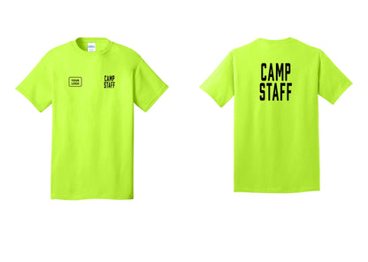 NYC Factory Custom Logo Camp Staff T-Shirt, Condensed Lettering - CAMP STAFF + Your Logo + Back - Safety Green
