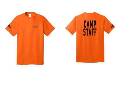 NYC Factory Unisex Custom Logo Camp Staff T-Shirt - Your Logo + Back + US Flag Sleeve - Safety Orange
