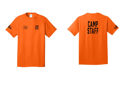 NYC Factory Custom Logo Camp Staff T-Shirt, Condensed Lettering - CAMP STAFF + Your Logo + Back + US Flag Sleeve - Safety Orange