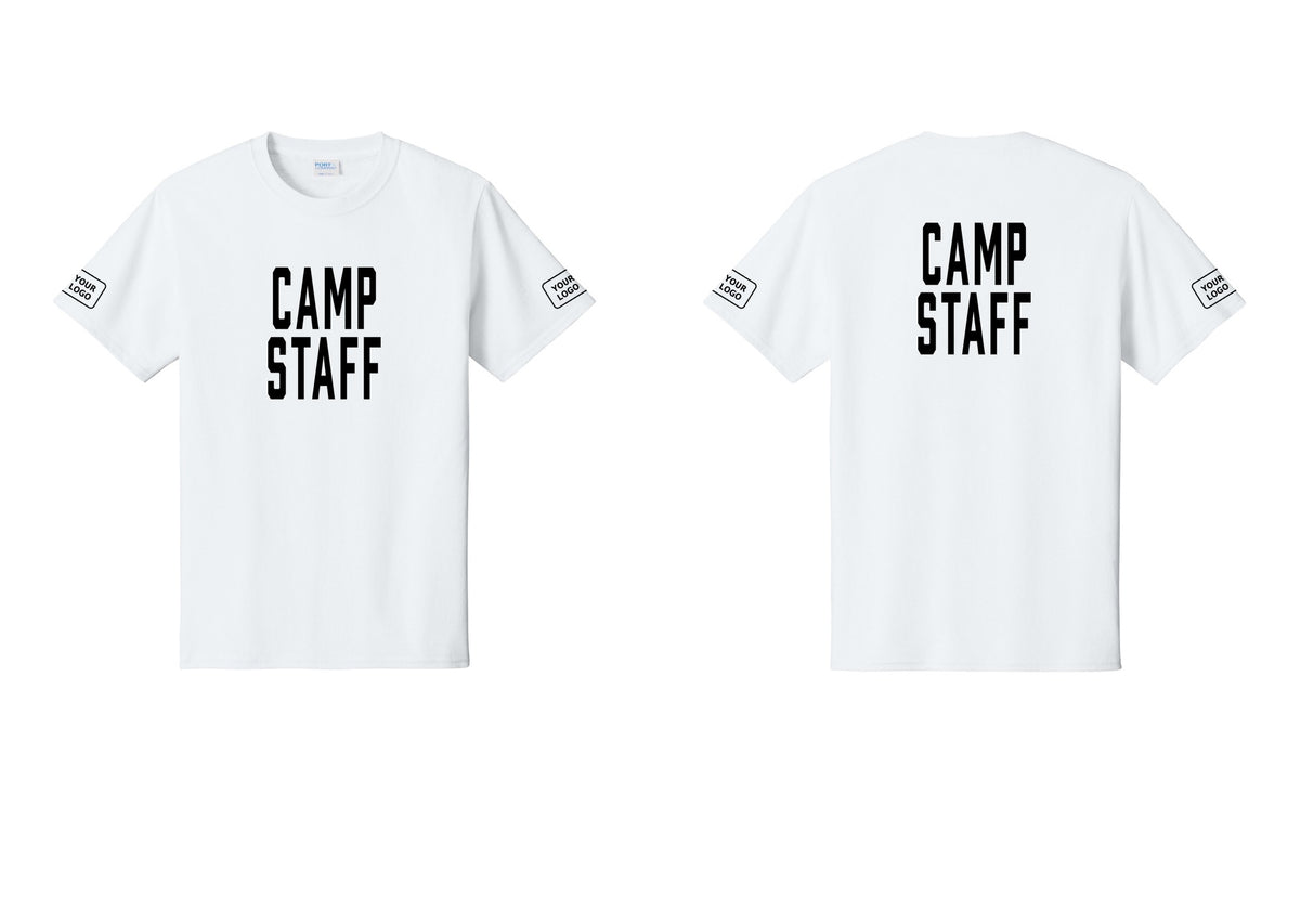 NYC Factory Custom Logo Camp Staff T-Shirt, Condensed Lettering - Front + Back + Your Logo Sleeves - White