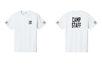 NYC Factory Custom Logo Camp Staff T-Shirt, Condensed Lettering - Chest + Back + Your Logo Sleeves - White