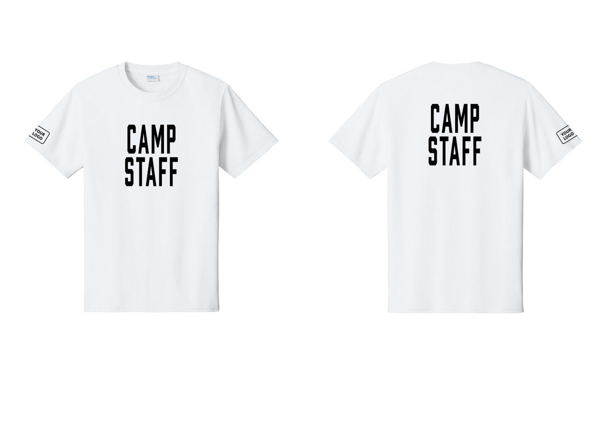 NYC Factory Custom Logo Camp Staff T-Shirt, Condensed Lettering - Front + Back + Your Logo Sleeve - White
