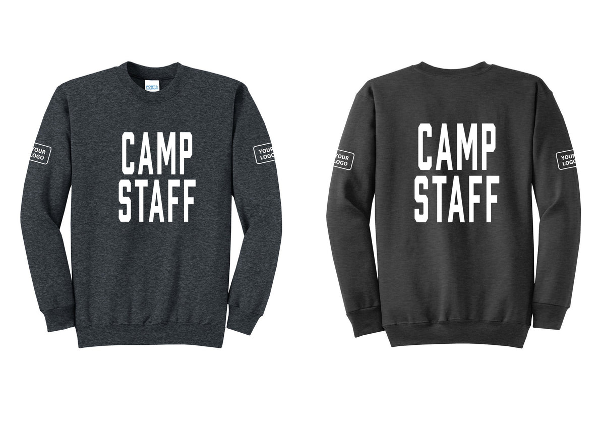 NYC Factory Custom Logo Camp Staff Cotton Fleece Crewneck Sweatshirt (Classic) - Front + Back + Your Logo Sleeves - Dark Heather Grey