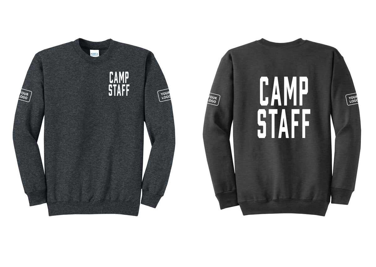 NYC Factory Custom Logo Camp Staff Cotton Fleece Crewneck Sweatshirt (Classic) - Chest + Back + Your Logo Sleeves - Dark Heather Grey