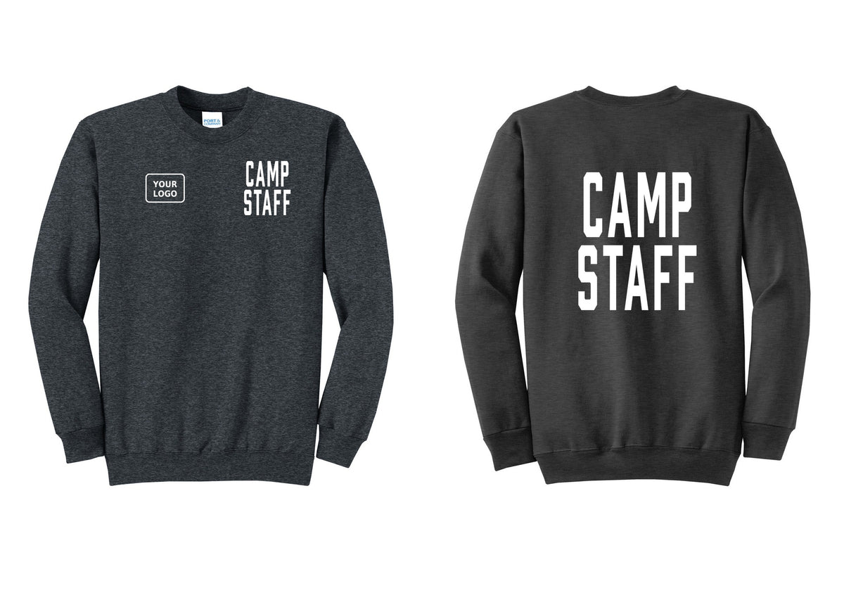 NYC Factory Custom Logo Camp Staff Cotton Fleece Crewneck Sweatshirt (Classic) - CAMP STAFF + Your Logo + Back - Dark Heather Grey