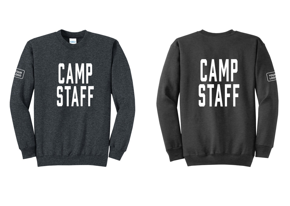NYC Factory Custom Logo Camp Staff Cotton Fleece Crewneck Sweatshirt (Classic) - Front + Back + Your Logo Sleeve - Dark Heather Grey