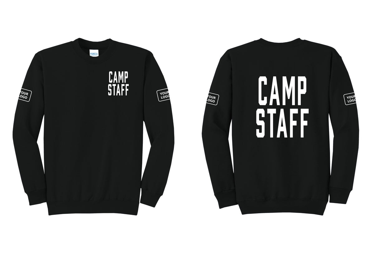 NYC Factory Custom Logo Camp Staff Cotton Fleece Crewneck Sweatshirt (Classic) - Chest + Back + Your Logo Sleeves - Black