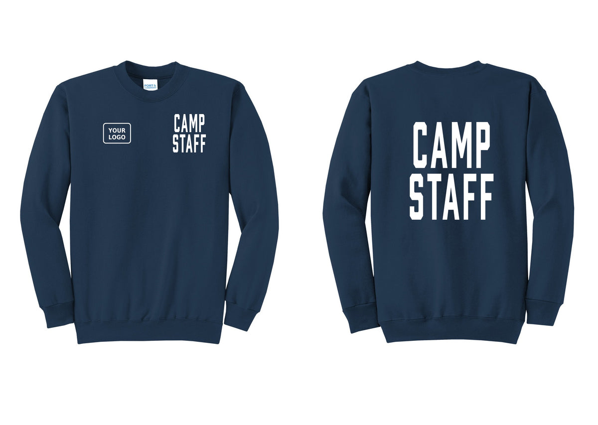 NYC Factory Custom Logo Camp Staff Cotton Fleece Crewneck Sweatshirt (Classic) - CAMP STAFF + Your Logo + Back - Navy