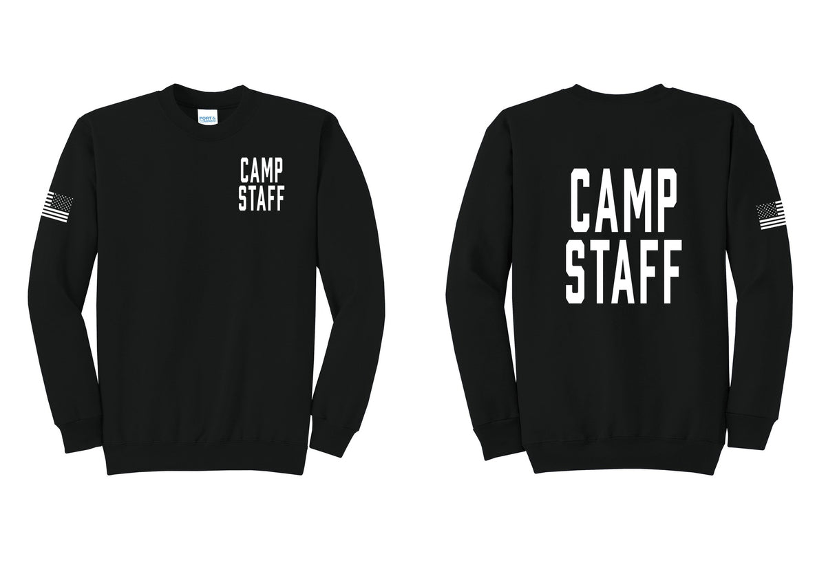 NYC Factory Camp Staff Cotton Fleece Crewneck Sweatshirt (Classic) - Chest + Back + US Flag Sleeve - Black