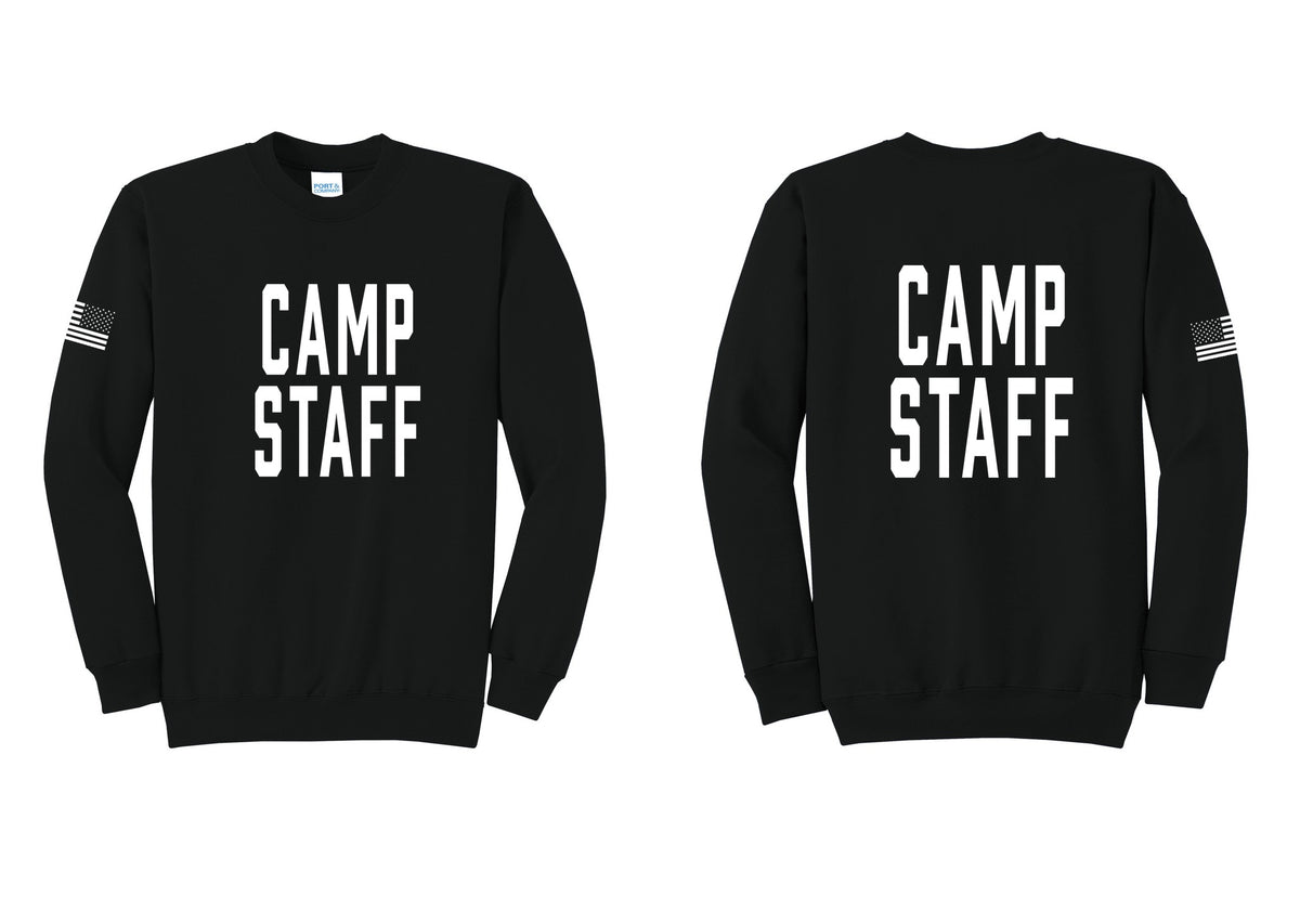 NYC Factory Camp Staff Cotton Fleece Crewneck Sweatshirt (Classic) - Front + Back + US Flag Sleeve - Black