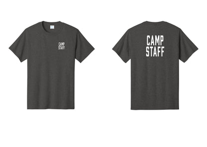 NYC Factory Camp Staff T-Shirt, Condensed Lettering - Chest + Back - Dark Heather Grey
