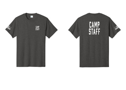 NYC Factory Camp Staff T-Shirt, Condensed Lettering - Chest + Back + US Flag Sleeve - Dark Heather Grey