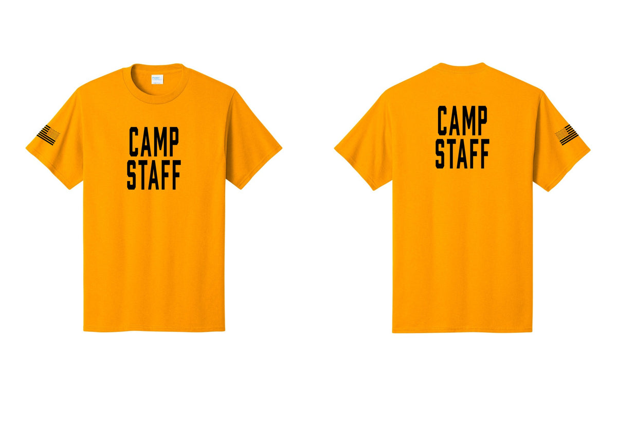 NYC Factory Camp Staff T-Shirt, Condensed Lettering - Front + Back + US Flag Sleeve - Gold