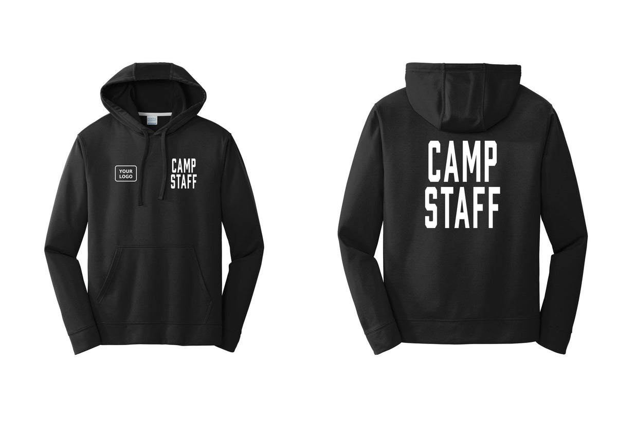 NYC Factory Custom Logo Camp Staff Performance Hooded Fleece Pullover Sweatshirt (Classic) - CAMP STAFF + Your Logo + Back - Black