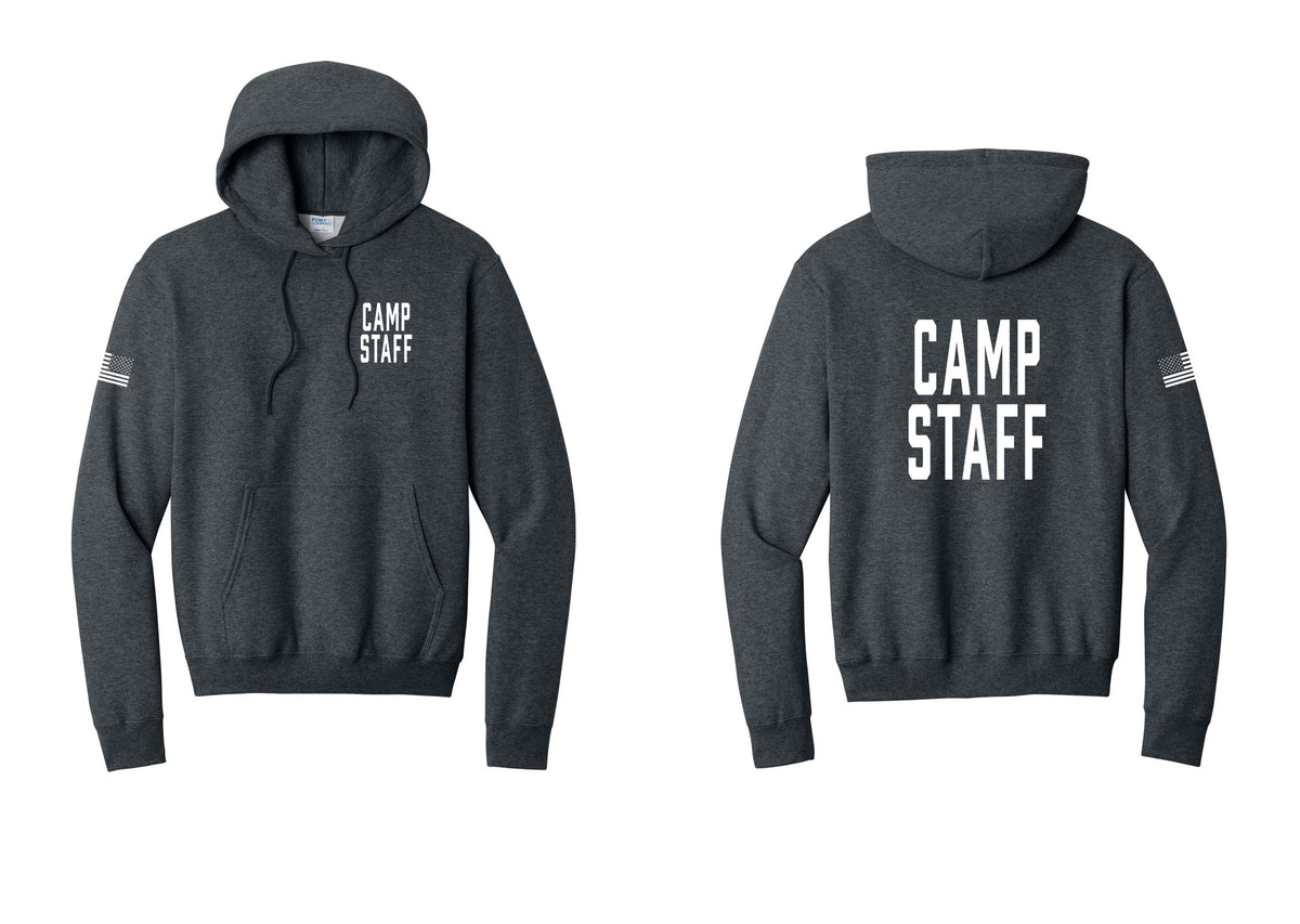NYC Factory Camp Staff Cotton Fleece Pullover Hoodie (Classic) - Chest + Back + US Flag Sleeve - Dark Heather Grey