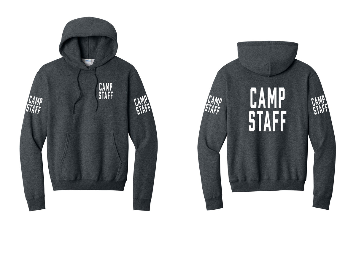 NYC Factory Camp Staff Cotton Fleece Pullover Hoodie (Classic) - Chest + Back + Camp Staff Sleeves - Dark Heather Grey