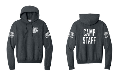 NYC Factory Camp Staff Cotton Fleece Pullover Hoodie (Classic) - Chest + Back + Camp Staff Sleeves - Dark Heather Grey