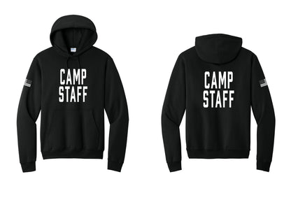 NYC Factory Camp Staff Cotton Fleece Pullover Hoodie (Classic) - Front + Back + US Flag Sleeve - Black