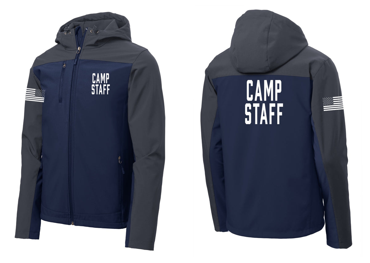 NYC Factory Camp Staff Hooded Soft Shell Jacket (Classic) - Chest + Back + US Flag Sleeve - Dress Blue Navy / Battleship Grey