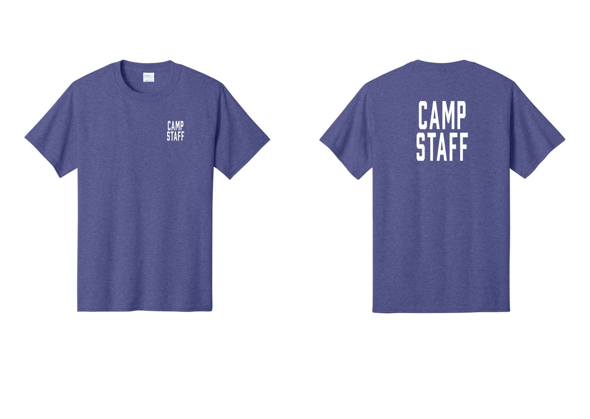 NYC Factory Camp Staff T-Shirt, Condensed Lettering - Chest + Back - Heather Purple