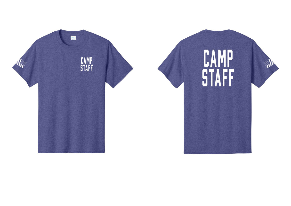 NYC Factory Unisex Camp Staff Classic T-Shirt - Chest + Back + US Flag Sleeve - Heather Purple