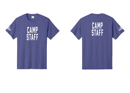NYC Factory Camp Staff T-Shirt, Condensed Lettering - Front + Back + US Flag Sleeve - Heather Purple