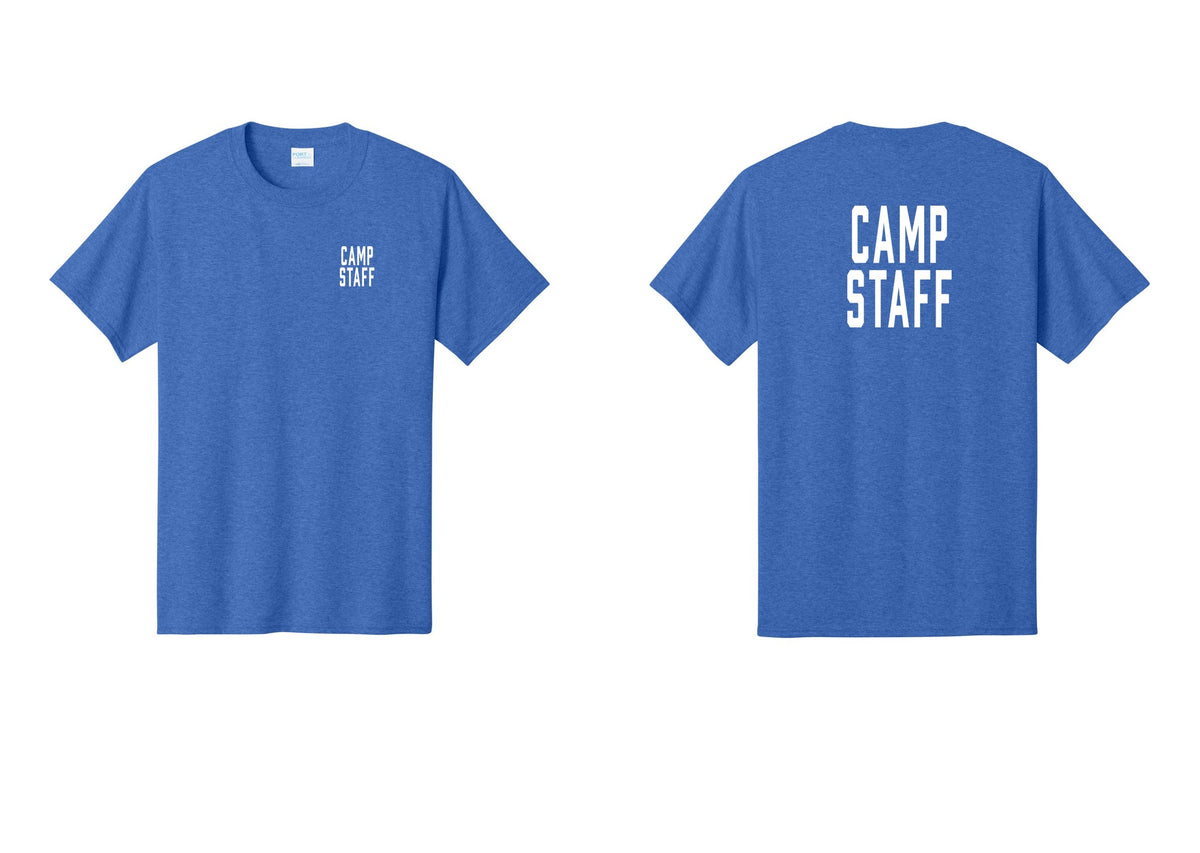NYC Factory Camp Staff T-Shirt, Condensed Lettering - Chest + Back - Heather Royal