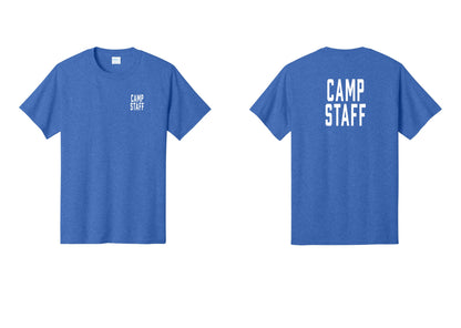 NYC Factory Camp Staff T-Shirt, Condensed Lettering - Chest + Back - Heather Royal