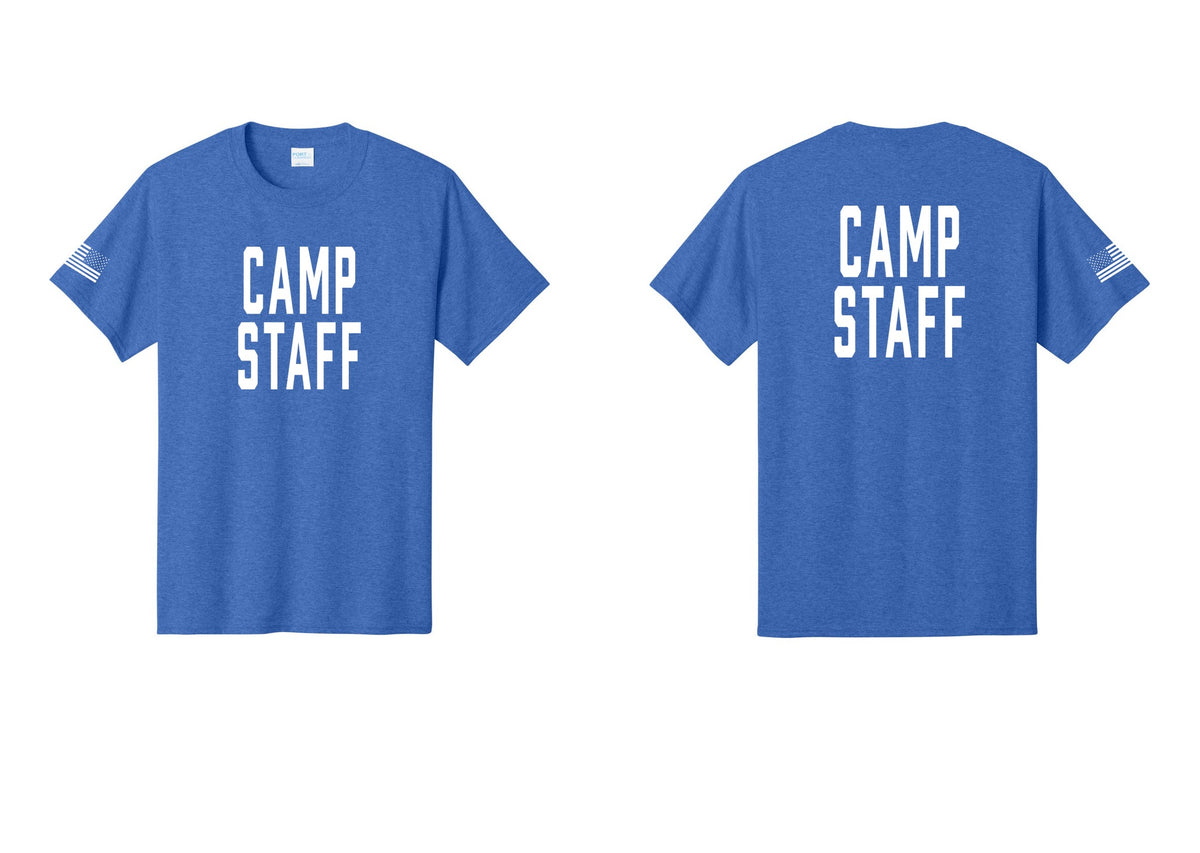 NYC Factory Unisex Camp Staff Classic T-Shirt - Front + Back + US Flag Sleeve - Heather Royal