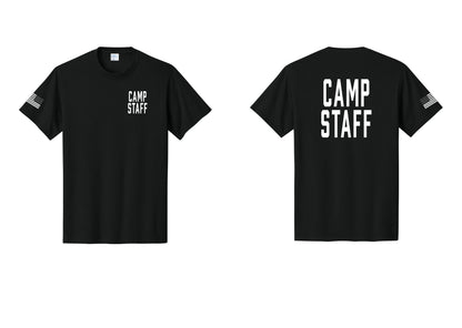 NYC Factory Unisex Camp Staff Classic T-Shirt - Chest + Back + US Flag Sleeve - Black