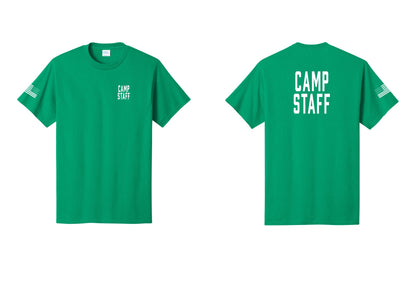 NYC Factory Camp Staff T-Shirt, Condensed Lettering - Chest + Back + US Flag Sleeve - Kelly