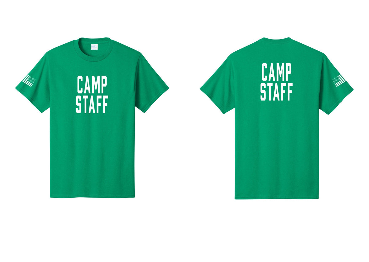 NYC Factory Camp Staff T-Shirt, Condensed Lettering - Front + Back + US Flag Sleeve - Kelly