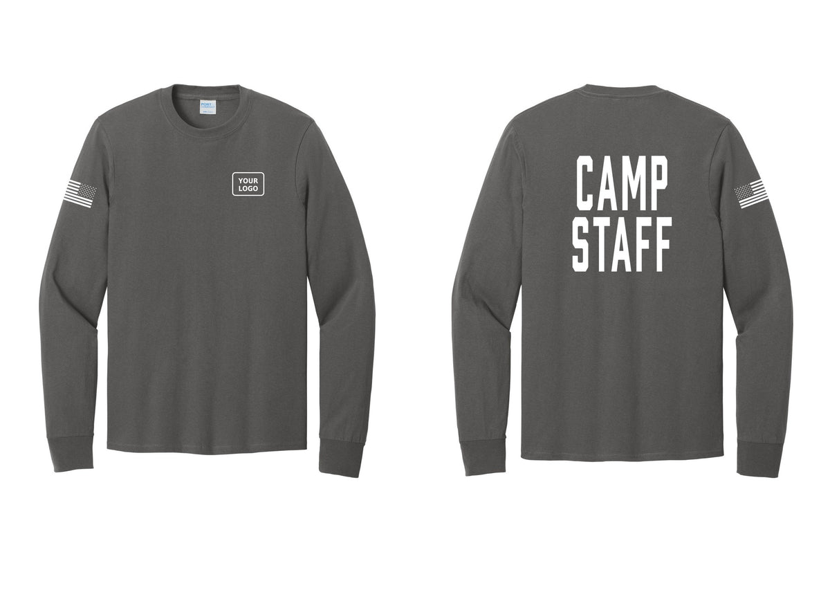 NYC Factory Custom Logo Camp Staff Cotton Long Sleeve T-Shirt (Classic) - Your Logo + Back + US Flag Sleeve - Charcoal