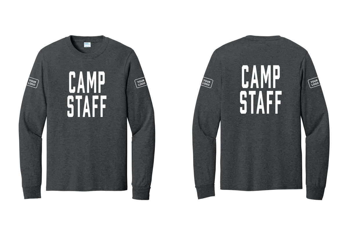 NYC Factory Custom Logo Camp Staff Cotton Long Sleeve T-Shirt (Classic) - Front + Back + Your Logo Sleeves - Dark Heather Grey