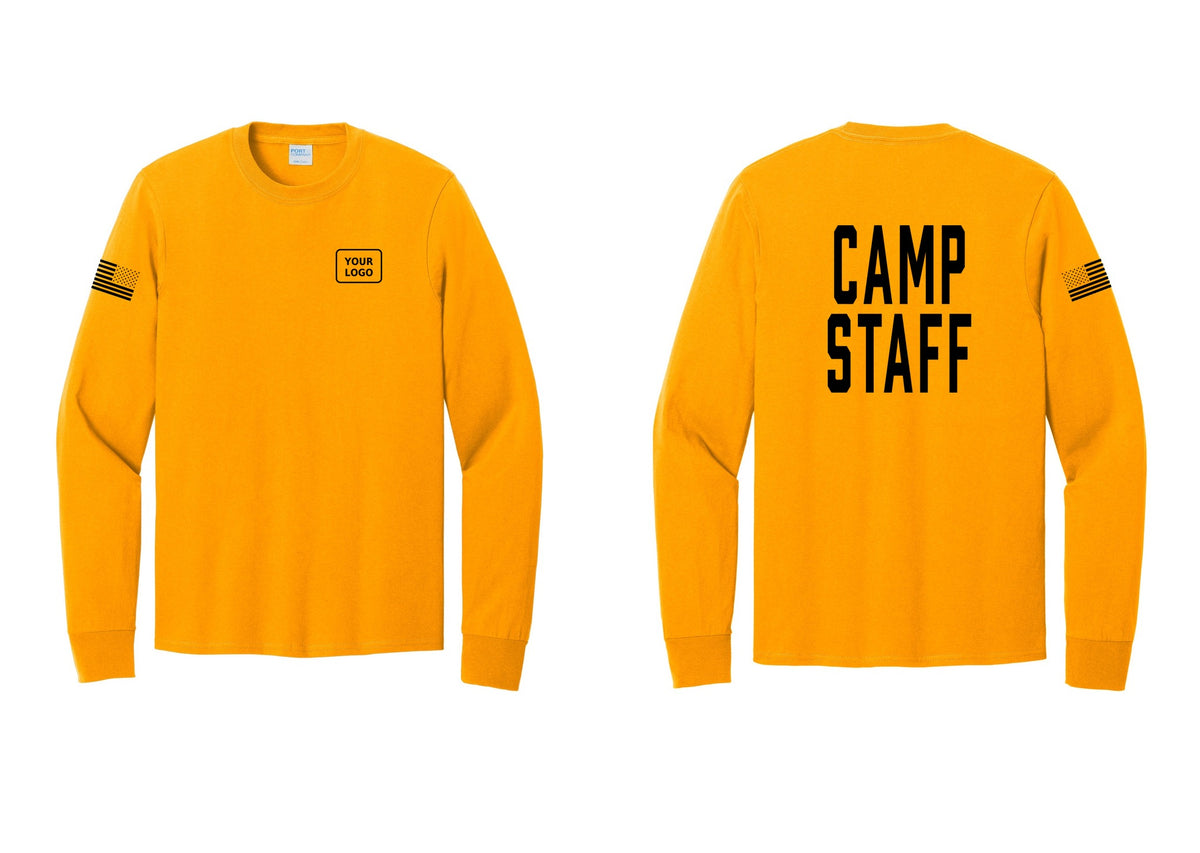 NYC Factory Custom Logo Camp Staff Cotton Long Sleeve T-Shirt (Classic) - Your Logo + Back + US Flag Sleeve - Gold