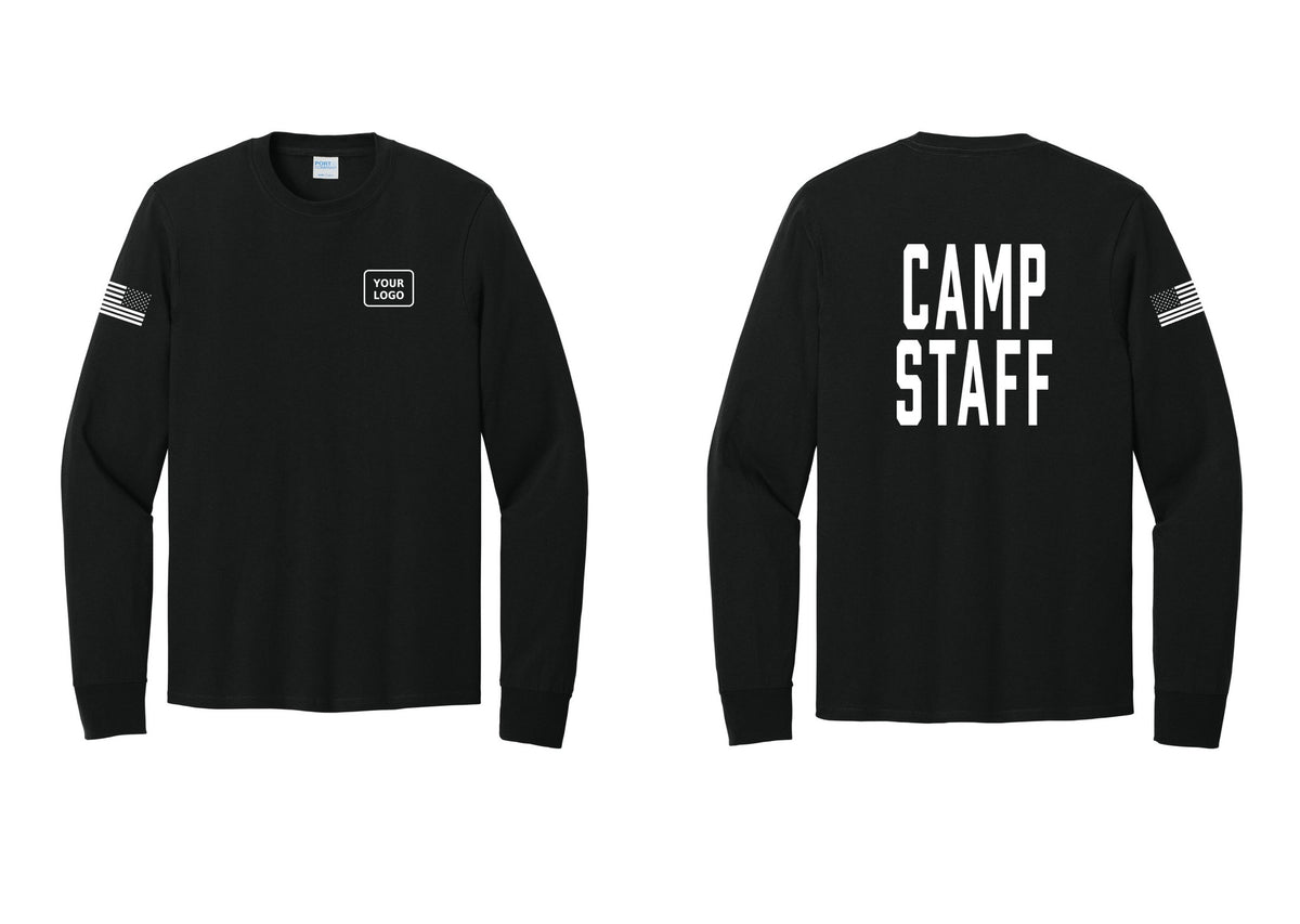NYC Factory Custom Logo Camp Staff Cotton Long Sleeve T-Shirt (Classic) - Your Logo + Back + US Flag Sleeve - Black