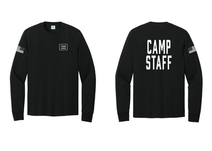 NYC Factory Custom Logo Camp Staff Cotton Long Sleeve T-Shirt (Classic) - Your Logo + Back + US Flag Sleeve - Black