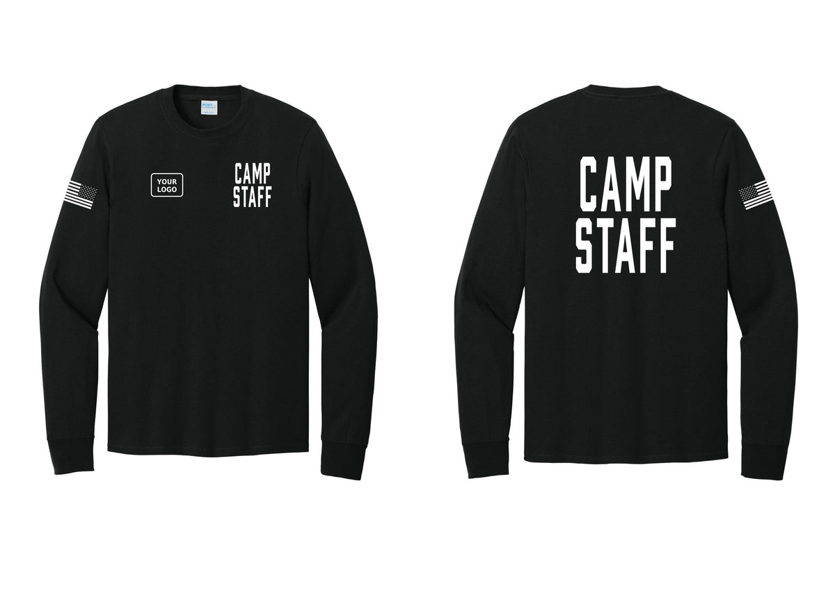 NYC Factory Custom Logo Camp Staff Cotton Long Sleeve T-Shirt (Classic) - CAMP STAFF + Your Logo + Back + US Flag Sleeve - Black