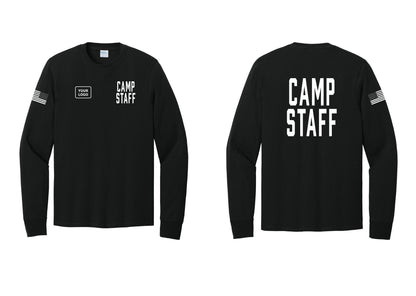 NYC Factory Custom Logo Camp Staff Cotton Long Sleeve T-Shirt (Classic) - CAMP STAFF + Your Logo + Back + US Flag Sleeve - Black