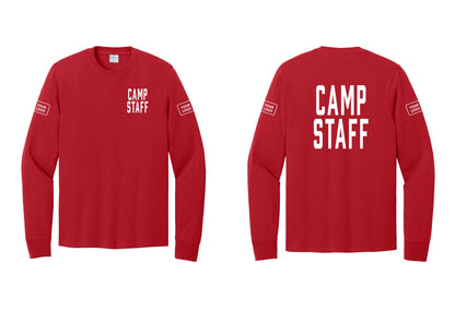 NYC Factory Custom Logo Camp Staff Cotton Long Sleeve T-Shirt (Classic) - Chest + Back + Your Logo Sleeves - Red
