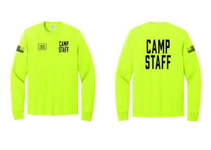 NYC Factory Custom Logo Camp Staff Cotton Long Sleeve T-Shirt (Classic) - CAMP STAFF + Your Logo + Back + US Flag Sleeve - Safety Green