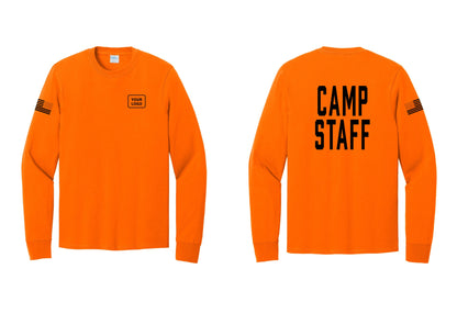 NYC Factory Custom Logo Camp Staff Cotton Long Sleeve T-Shirt (Classic) - Your Logo + Back + US Flag Sleeve - Safety Orange
