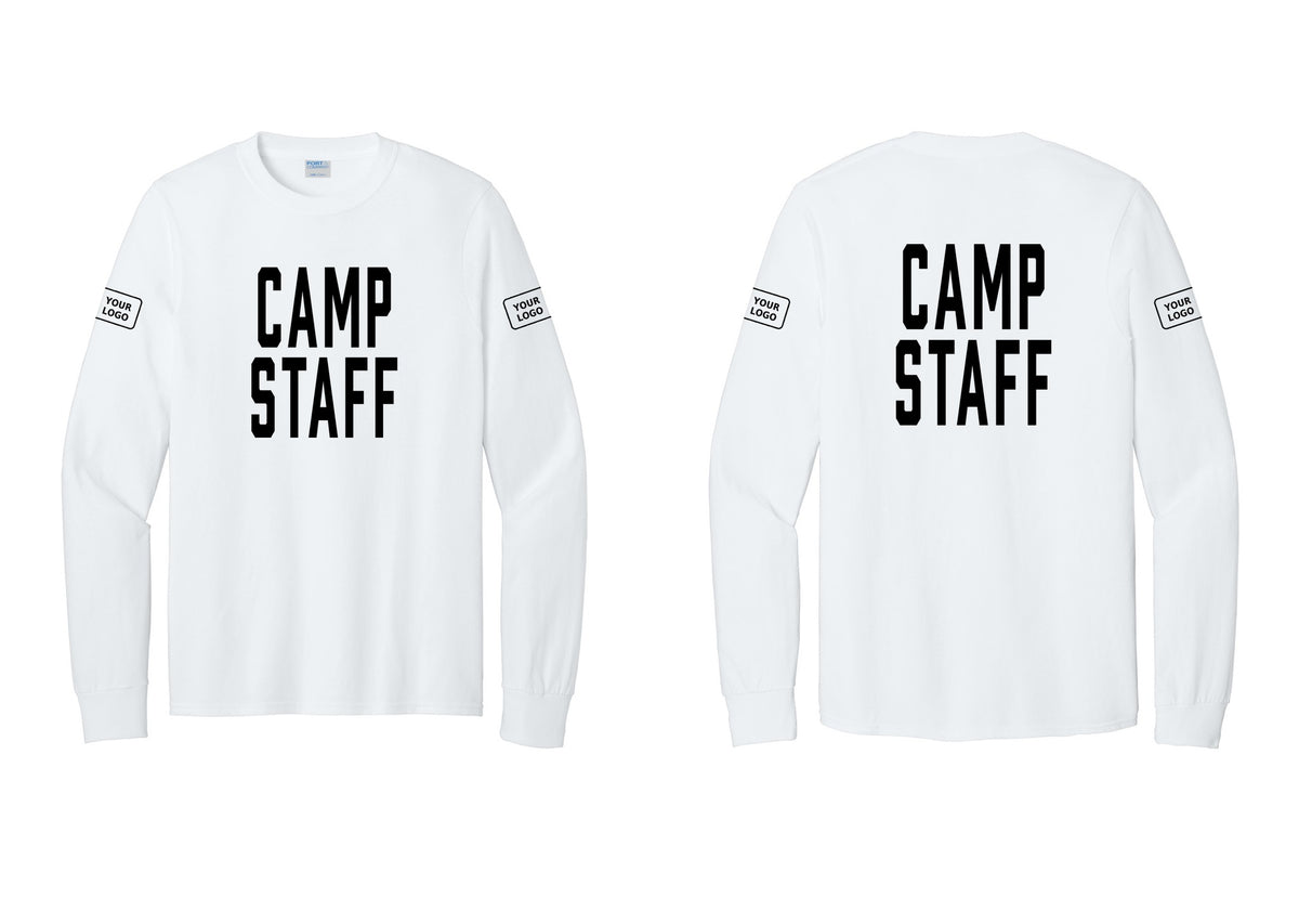 NYC Factory Custom Logo Camp Staff Cotton Long Sleeve T-Shirt (Classic) - Front + Back + Your Logo Sleeves - White