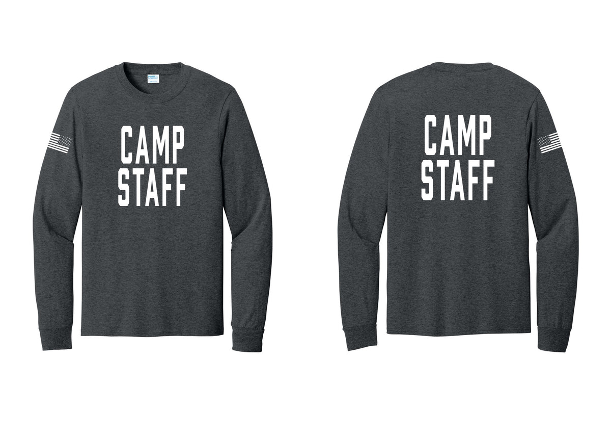 NYC Factory Camp Staff Cotton Long Sleeve T-Shirt (Classic) - Front + Back + US Flag Sleeve - Dark Heather Grey