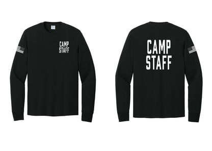 NYC Factory Camp Staff Cotton Long Sleeve T-Shirt (Classic) - Chest + Back + US Flag Sleeve - Black