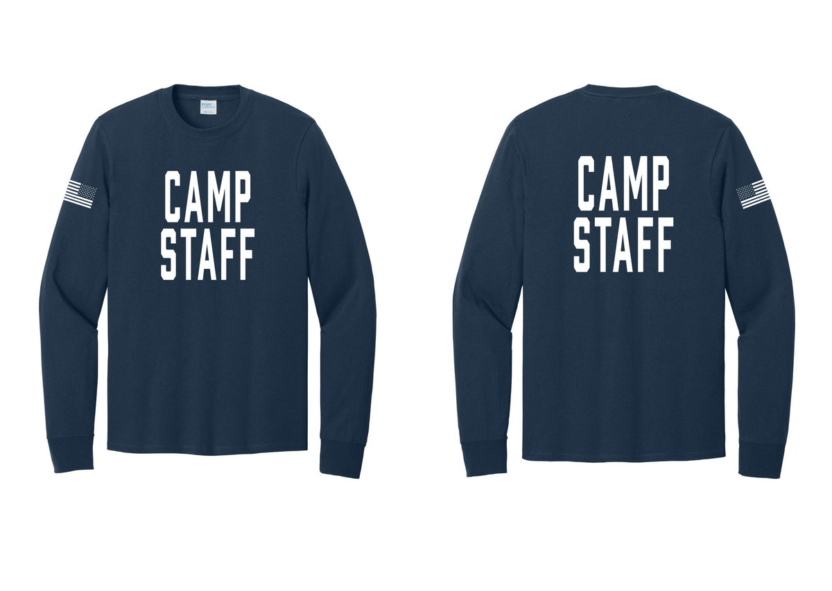 NYC Factory Camp Staff Cotton Long Sleeve T-Shirt (Classic) - Front + Back + US Flag Sleeve - Navy