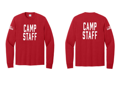 NYC Factory Camp Staff Cotton Long Sleeve T-Shirt (Classic) - Front + Back + US Flag Sleeve - Red