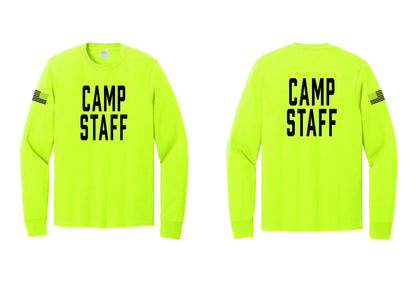 NYC Factory Camp Staff Cotton Long Sleeve T-Shirt (Classic) - Front + Back + US Flag Sleeve - Safety Green